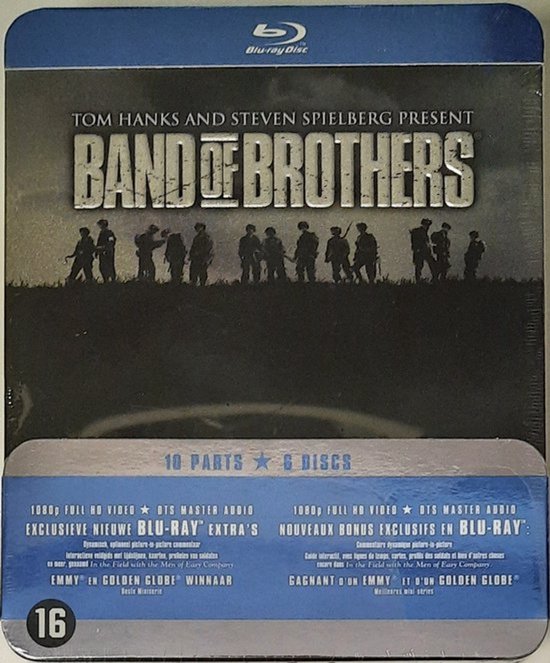Voorkant van de "Band of Brothers" Blu-ray tin box, met de titel en silhouetten van soldaten.