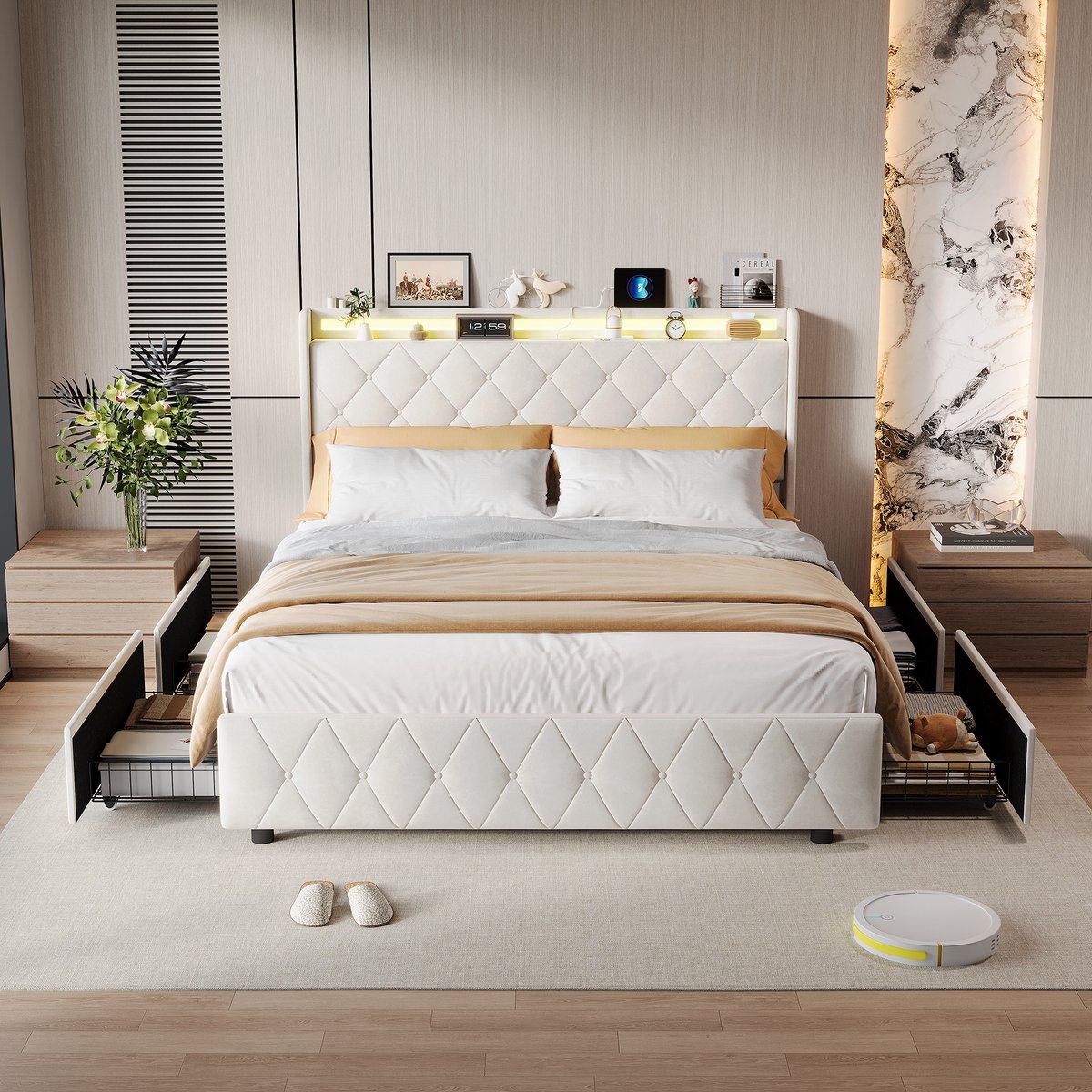 Bedframe met Lades 160x200 – LED & USB-C – Fluweel – Hoofdbord met Opbergplank– Beige