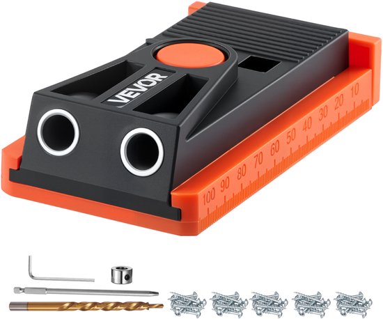 Zwarte en oranje jig met accessoires op een witte achtergrond: boor, inbussleutel, ring, schroeven.