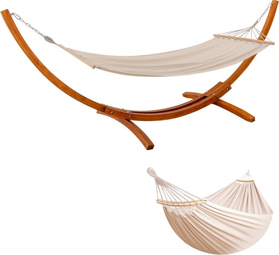 HOMAVO Hangmat met Houten Standaard, Inclusief 2 Hangmatten, Belasting 200 kg, 320×120×120 cm, Hoogte Verstelbaar, Voor Tuin, Terras en Balkon