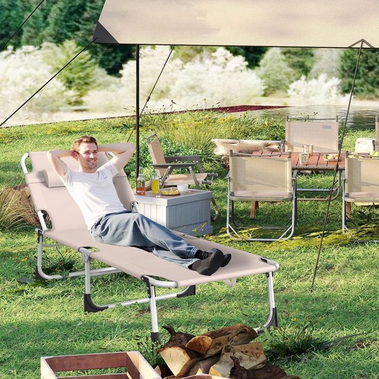 Opvouwbare Zonligstoel - Met Zonnedak - Verstelbare Rugleuning - Ergonomisch - Tuinligstoel - Metalen Frame - Oxford Stof - Draagbaar - Ligstoel - Voor Camping, Strand, Balkon En Kantoor - Khaki - NAIZY van Merkloos — afbeelding 5