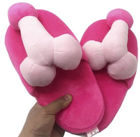 Fuchsia pantoffels met penisvormige applicaties in lichtroze en roze.