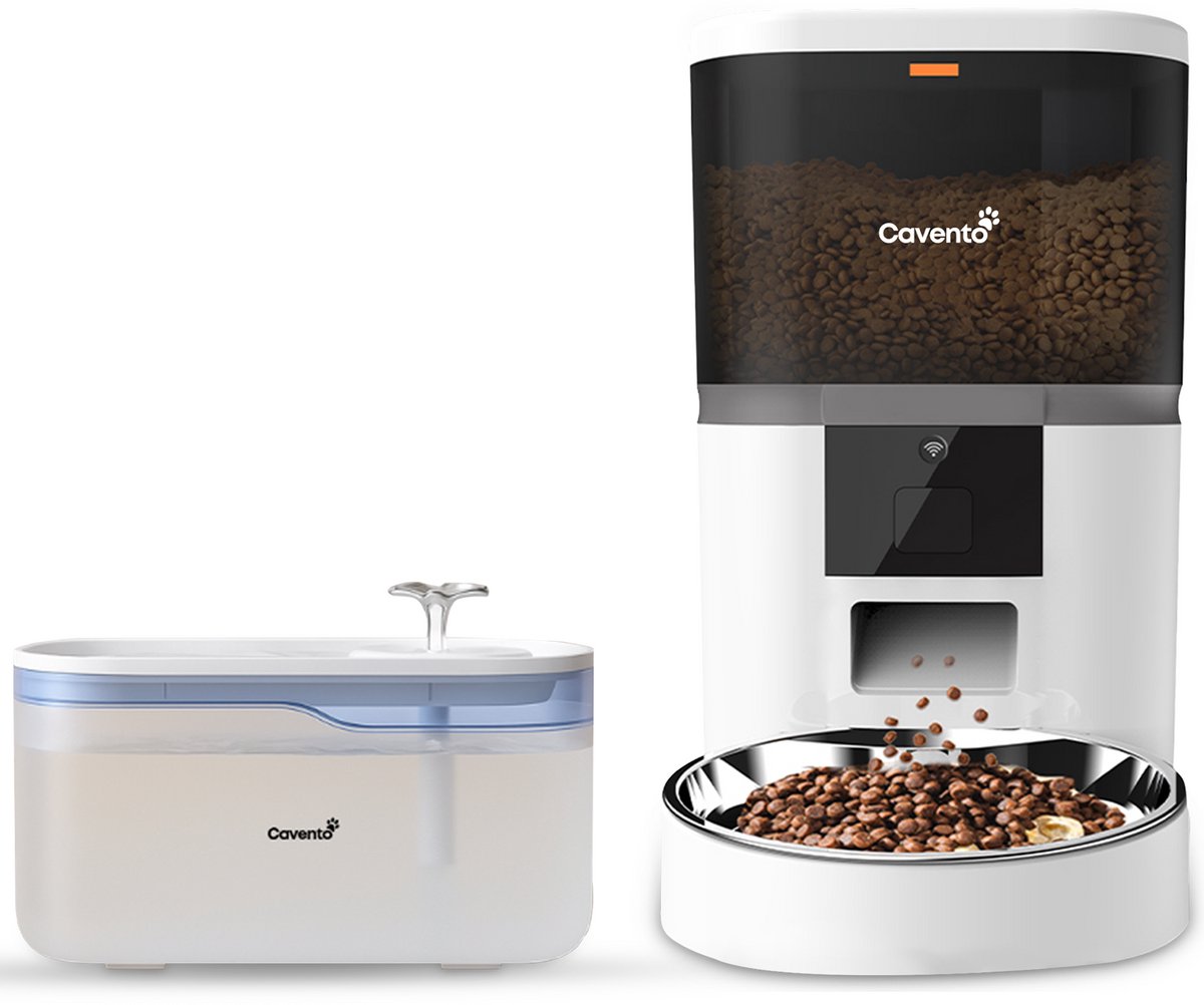 Automatische Voerbak Kat en Hond 6L + Drinkfontein 2,8L – Voerautomaat met App – Fluisterstille Waterfontein met Filter – Geschikt voor Droogvoer 3-15 mm – Cavento®