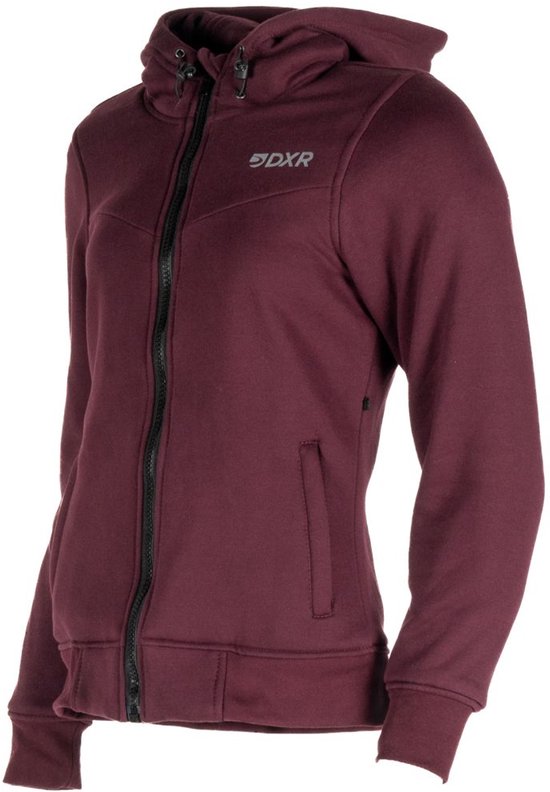 Bordeauxrode DXR hoodie met rits en zakken, van voren gezien.