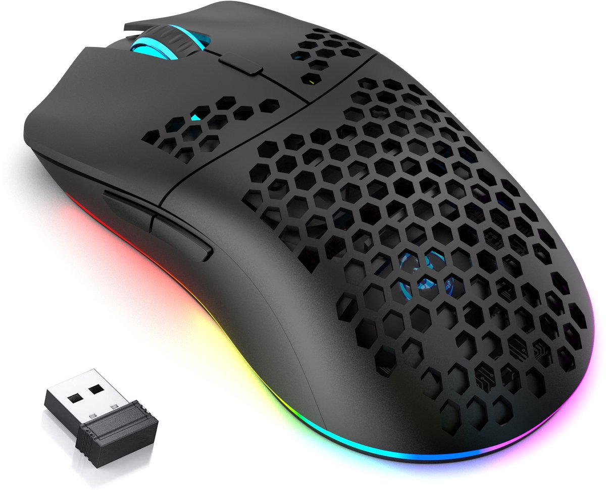 HXSJ T66 - Draadloze Gaming Muis – RGB Verlichting – Oplaadbaar – 3600 DPI – 6 Knoppen – 2.4GHz USB – Ergonomisch – Voor PC & Laptop – Zwart