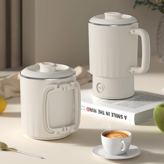 Elektrische waterkoker - Draagbare reiswaterkoker - 600 ml - Kleine elektrische waterkoker - Met inklapbaar handvat - Roestvrij staal van voedselkwaliteit - Dubbele stand, geschikt voor campers, kamperen, enz., beige