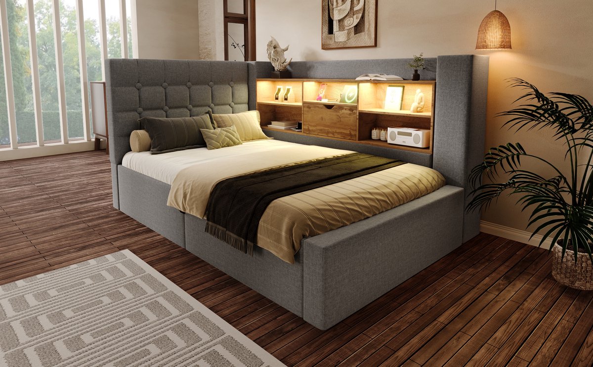 Wishdor Eenpersoonsbed 90x200 cm – L‑Vormig Hoofdbord & LED 60.000+ Kleuren – USB‑C Snellader – Hydraulische Opbergruimte – Matras inbegrepen – Linnen Grijs
