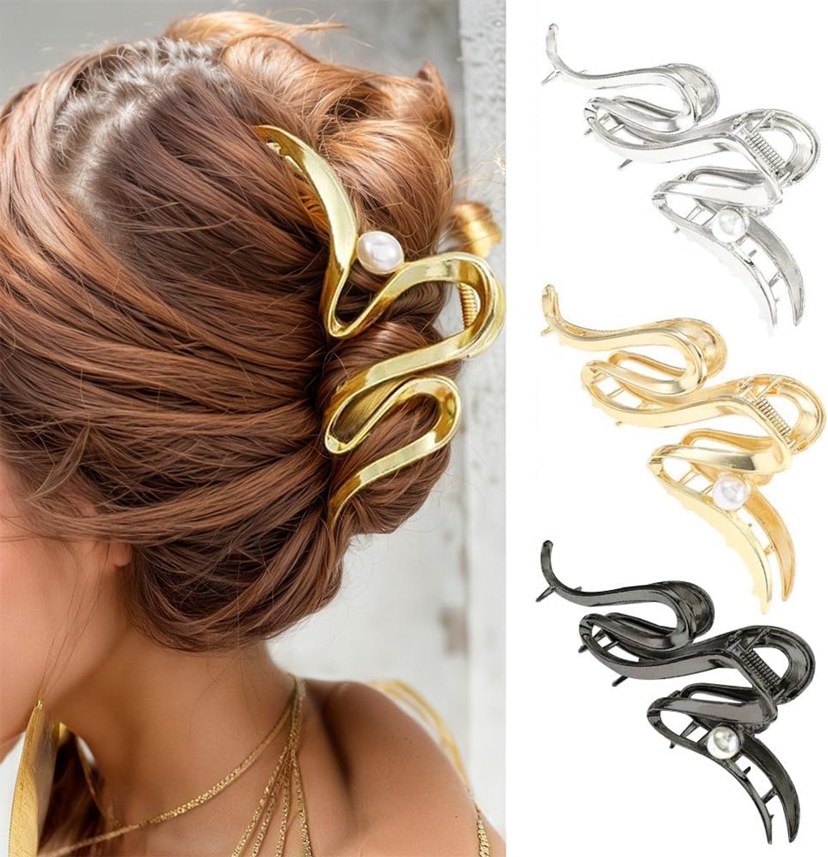 3x Luxe Haarspelden met Golvende Parels voor Dames - Elegante Metalen Haaraccessoires