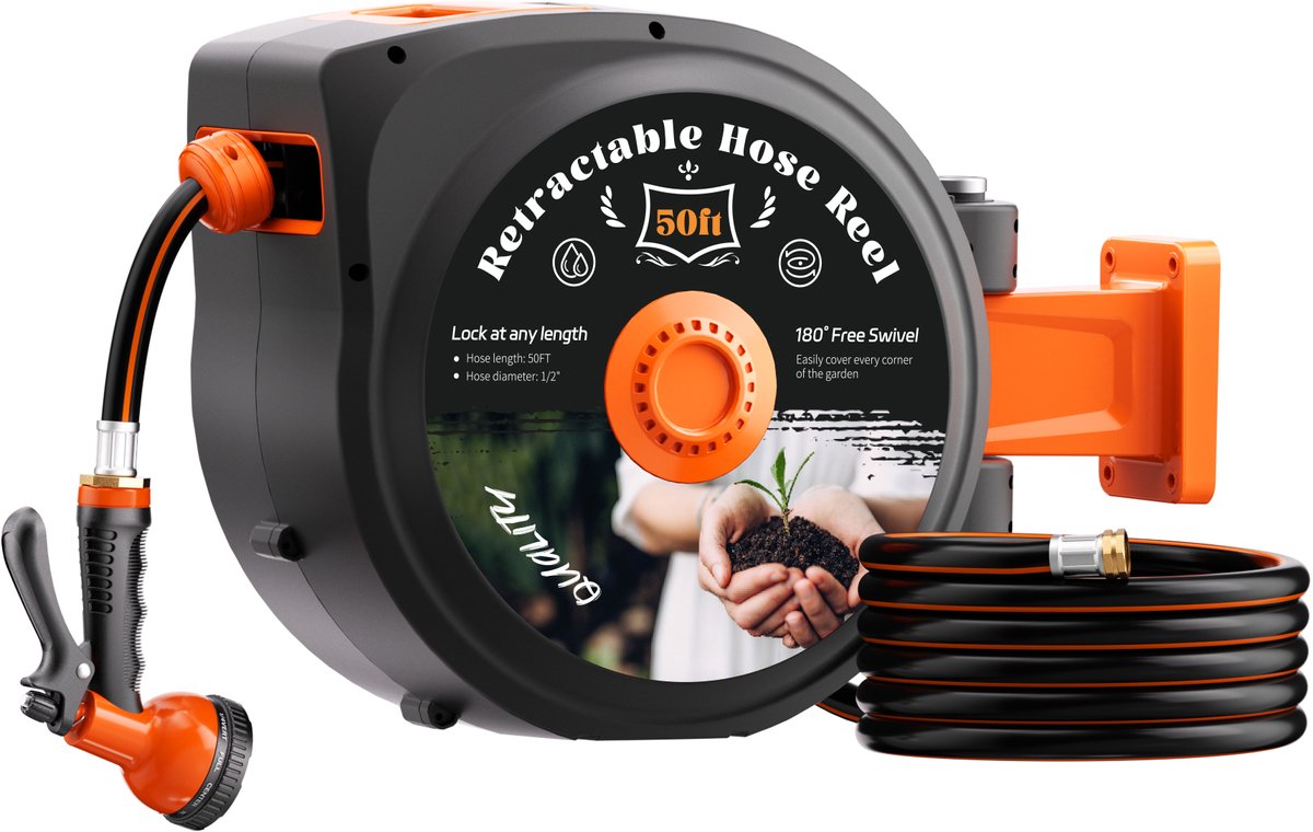 Automatische Tuinslanghaspel voor aan de Muur - 15 Meter (1/2") - Wandhaspel met Metalen As & Veilig Oprolsysteem - Lekvrij, Knikvrij en UV-bestendig