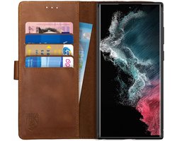 Rosso Deluxe Echt Leer Book Case Hoesje Geschikt voor Samsung Galaxy S22 Ultra | Ruimte voor drie pasjes | Portemonnee Book Case | Met Pasjeshouder | Bruin