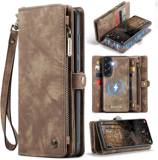 Portefeuille marron pour téléphone avec dragonne, poche zippée et fentes pour cartes, montre la charge MagSafe.