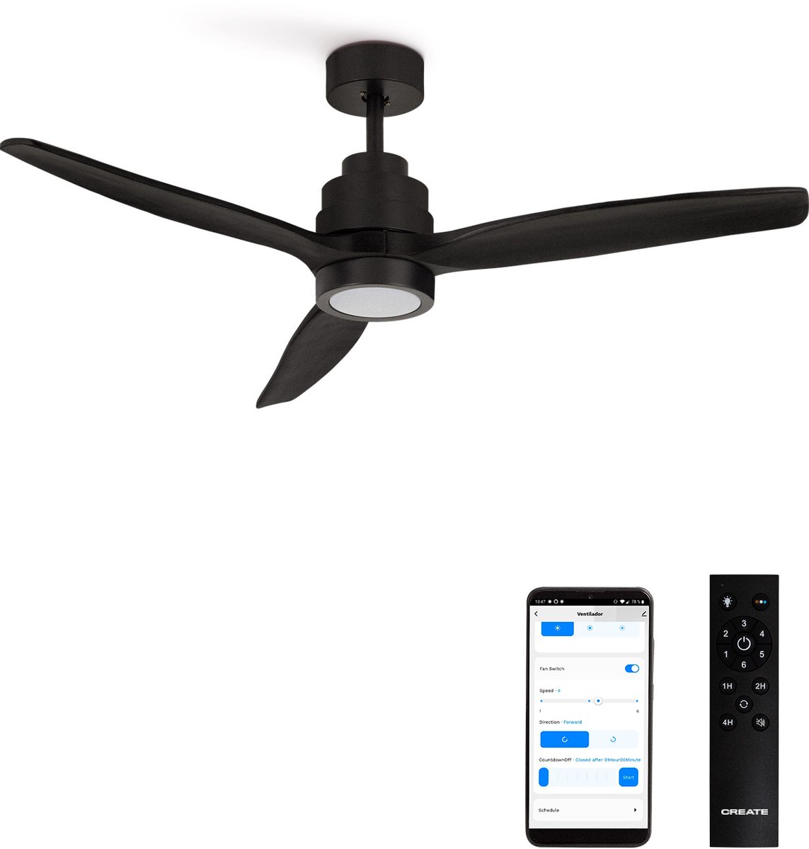 CREATE - Stille plafondventilator van 40 W met technische ABS-bladen, verkrijgbaar in verschillende maten - M - Met licht - WIFI - WIND STYLANCE