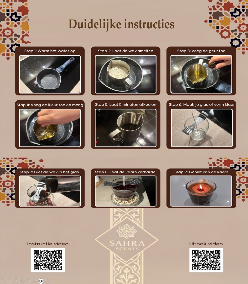 Sahra Scents - Luxe Arabische DIY Kaarsen Maken Set - 7 Oosterse Geuroliën - Complete Candle Kit - E-book - 600 gram Soja Wax - Inclusief Lonten, Glas en Mallen - Creatief Cadeau — afbeelding 2