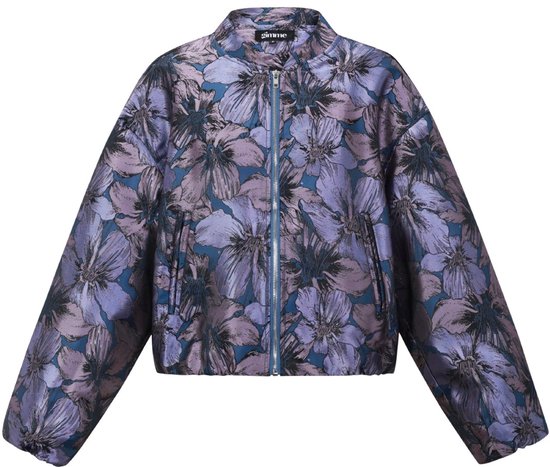 Bomberjack met blauwe en paarse bloemenprint, sluiting met rits.