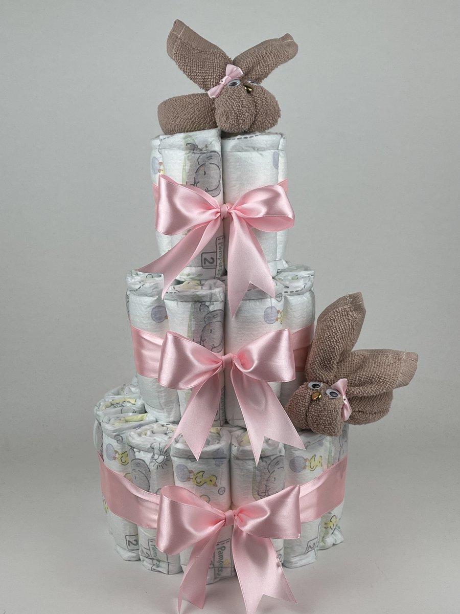 Chouette-Chouette | Luiertaart Meisje | Kraamcadeau | Geboorte Meisje | Babyshower | Konijnen Pinkstone - Roze