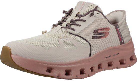 Taupe Skechers Slip-Ins Glide-Step Pro instapper met roze zool, paarse veters en 'S' logo.