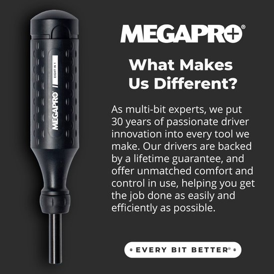 Zwarte Megapro 8-in-1 schroevendraaier met tekst die de voordelen van het product benadrukt, zoals comfort en controle.