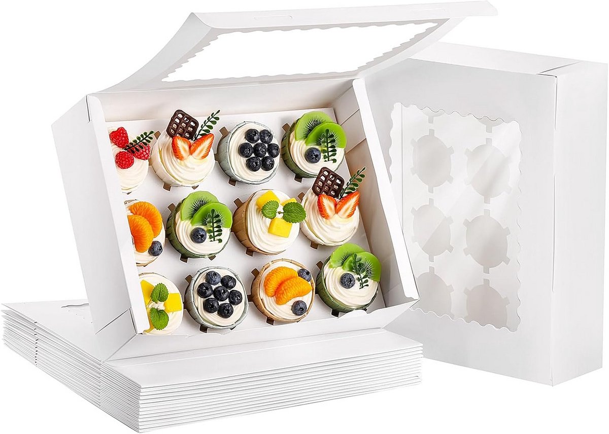 Cupcake Dozen - Bakjes Gebak - Feestelijke Presentatie - Met Venster - 15 Stuks - Wit