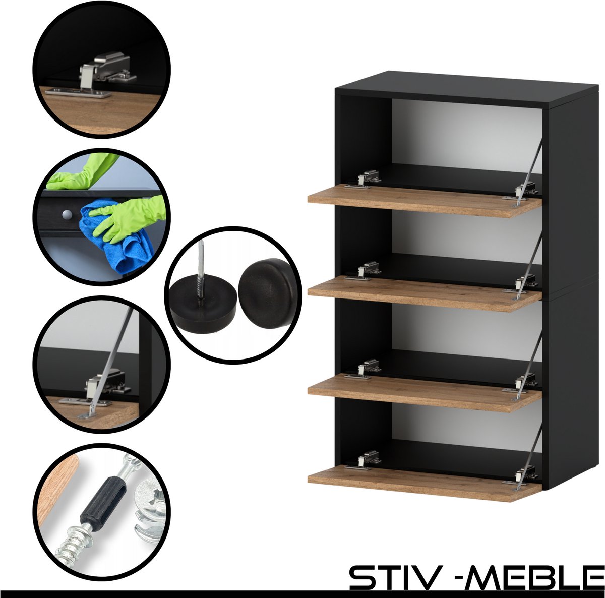Zwarte eikenhouten schoenenkast Wotan 60 cm plankstandaard voor loft/hal