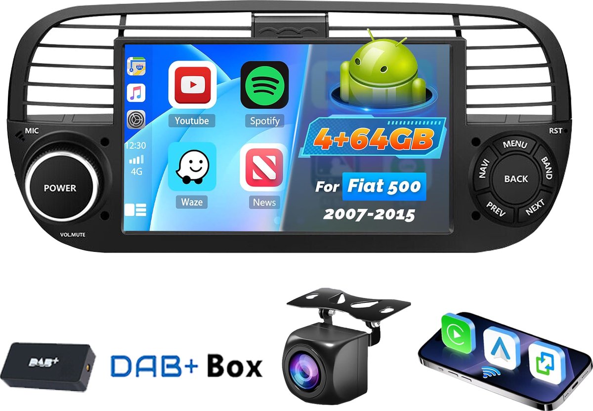 ESSGOO DAB+ Autoradio Geschikt voor Fiat 500 2007-2015 - Android 15 - Apple Carplay & Android Auto (Draadloos) - 4+64GB - 7 Inch HD IPS Touchscreen - GPS, WIFi, Bluetooth, USB, MP5 - Zwart - AHD Achteruitrijcamera