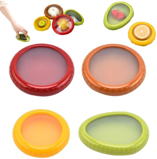 Lot de 4 boîtes de conservation hermétiques pour fruits et légumes, en silicone, koelkast et congélateur, pour fruits coupés, oignons, avocats, tomates, fromages, légumes et citrons (2,5 cm).