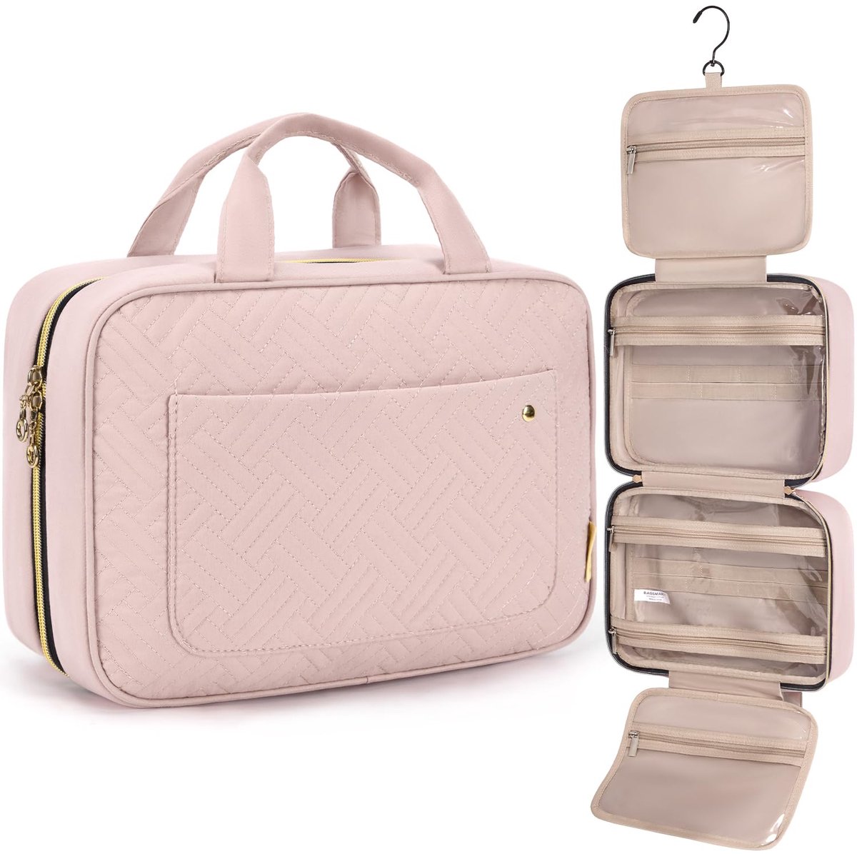 Geweo Toilettas met Haak–Reis Toilettas–Toilettas met Haak Dames - Premium Beautycase – Waterafstotend Peach Skin Materiaal – Compacte Reisorganizer met 4 Vakken– Dames & Heren - Roze