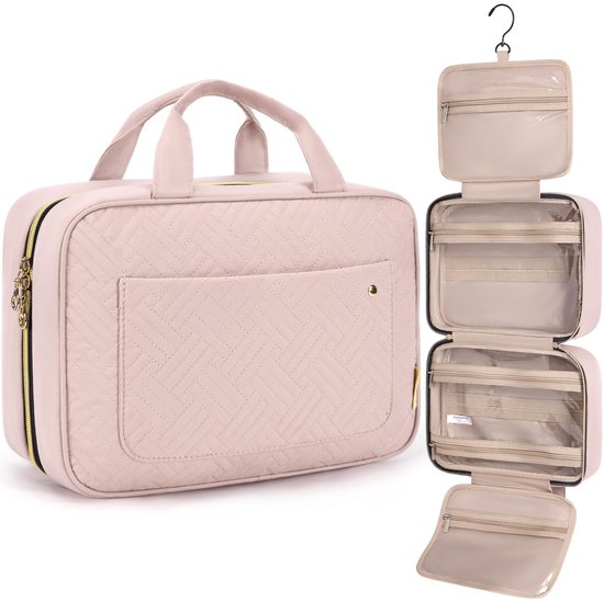 Geweo Toilettas met Haak–Reis Toilettas–Toilettas met Haak Dames - Premium Beautycase – Waterafstotend Peach Skin Materiaal – Compacte Reisorganizer met 4 Vakken– Dames & Heren - Roze