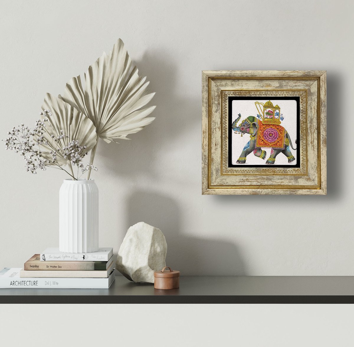Artlijn Decoratieve Olifant – Natuursteen Art Print – Travertin Steen Wanddecoratie – Oosterse Olifant Illustratie