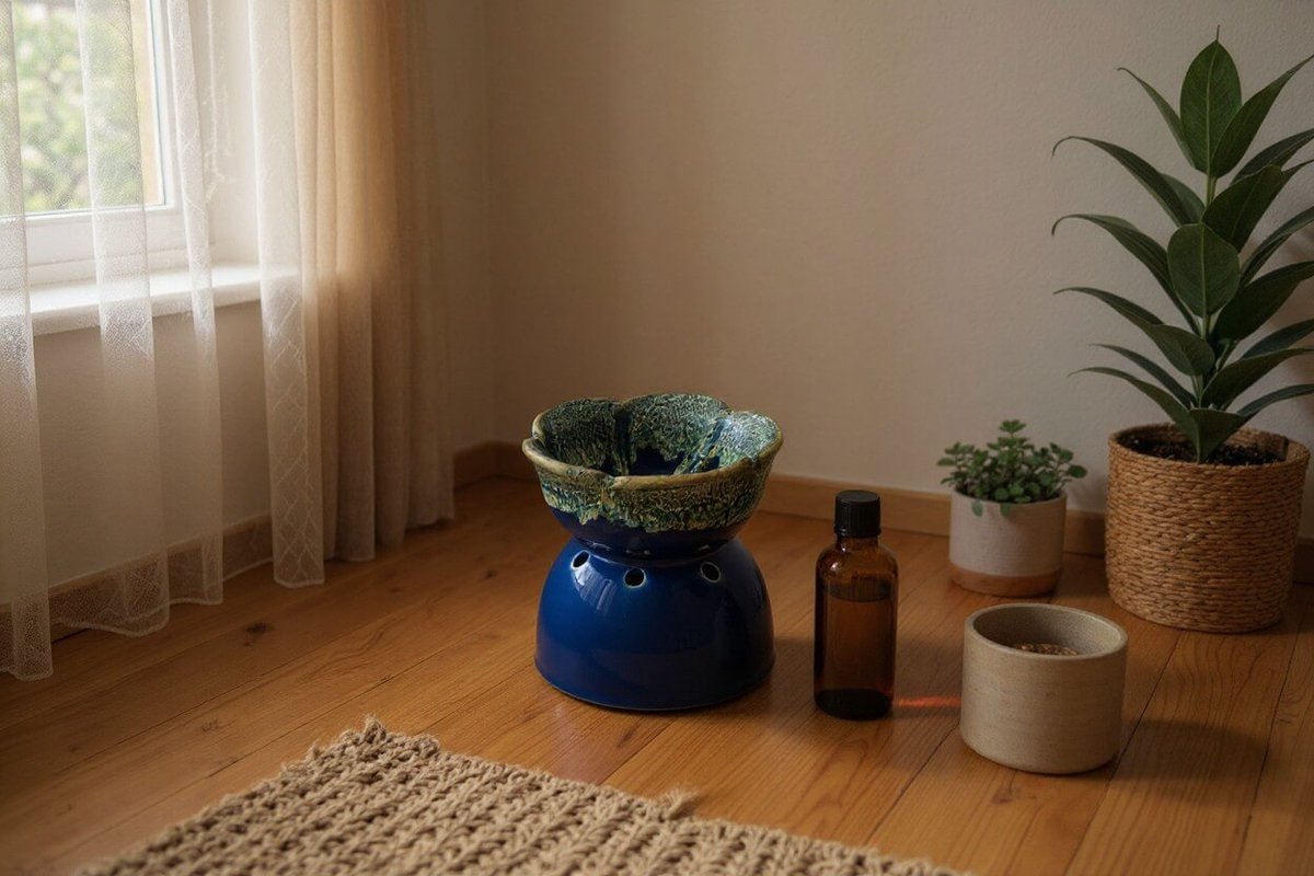 Aromaverdamper bloem blauw – keramische geurbrander – handgemaakt – voor etherische olie en geurolie – waxinelichthouder