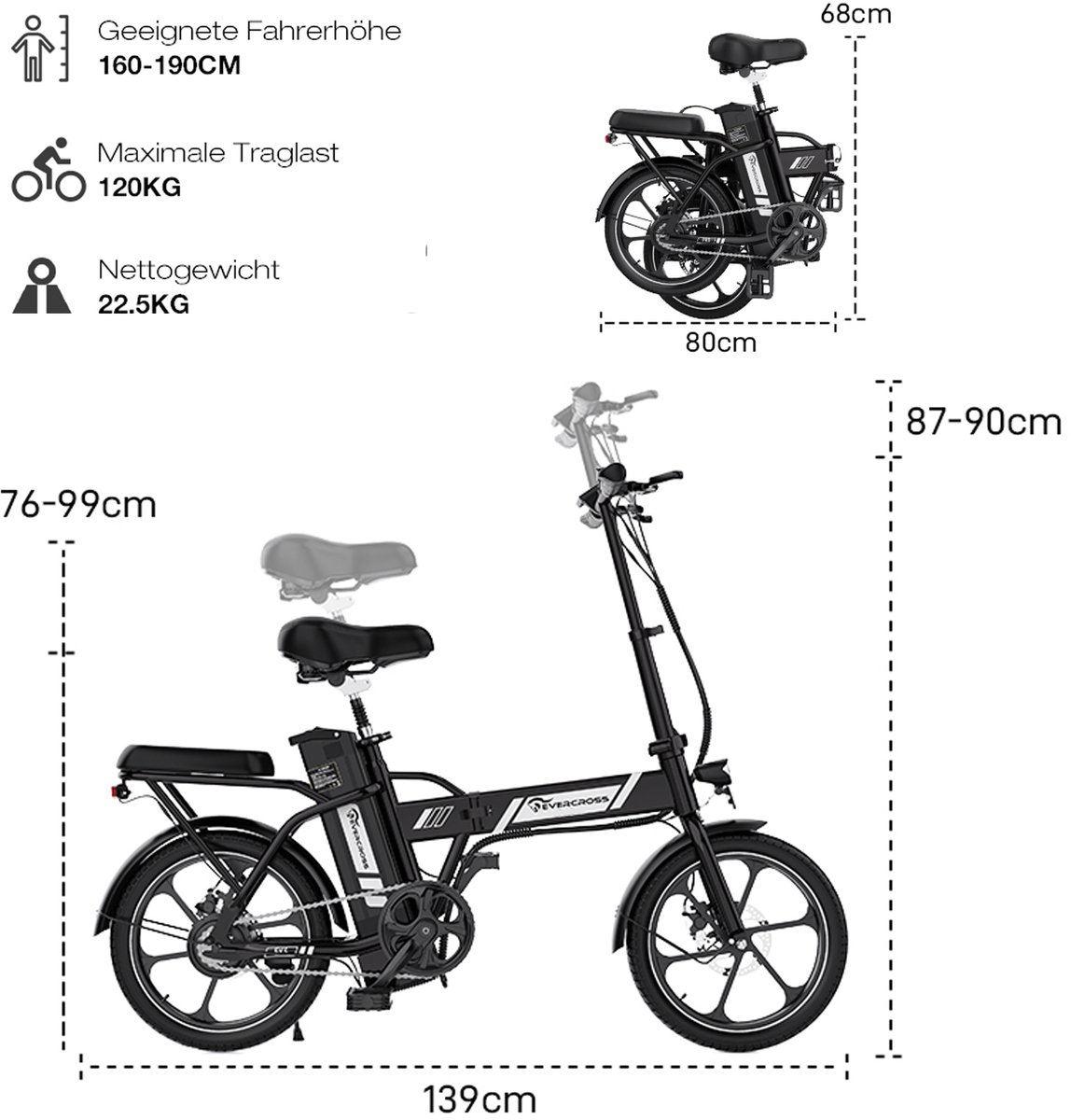 EVERCROSS EK5 Elektrische Fiets - Opvouwbaar E-Bike - 16 Inch - 25km/u - Wit - afbeelding 2