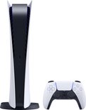 PlayStation 5 Digital Edition console in staande stand, naast een witte DualSense controller.