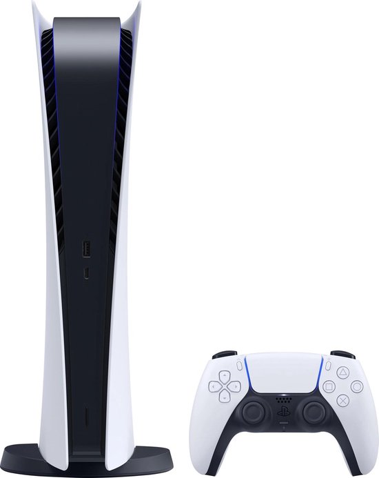 PlayStation 5 Digital Edition console in staande stand, naast een witte DualSense controller.