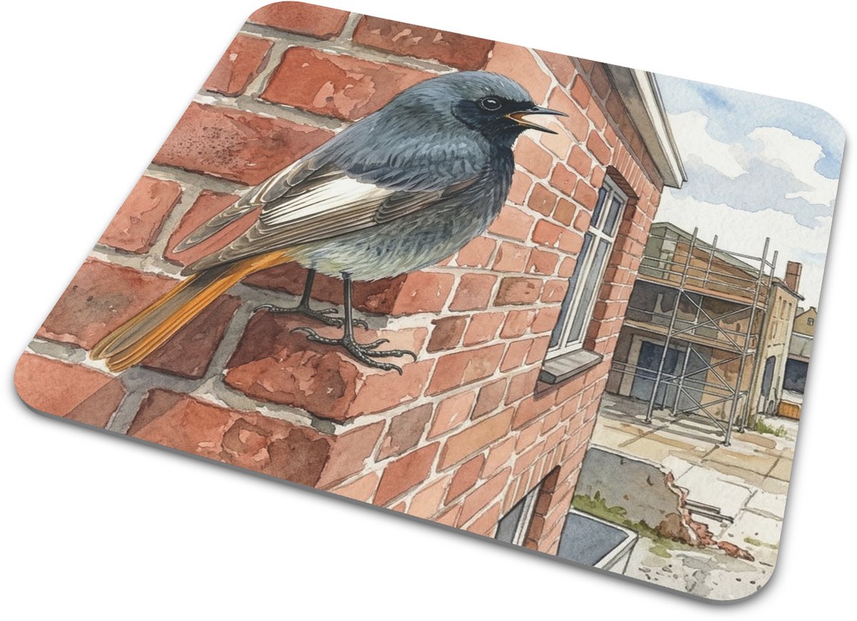 Zwarte Roodstaart Muismat op Bakstenen Muur - Stadsvogel "Aquarel Series" Bureau Accessoire voor PC - Sfeervol Waterverf Schilderij van Vogel in Dorpsgezicht met Steiger - Cadeau voor haar: Vrouw, Vriendin & Collega - Werkplek Decor