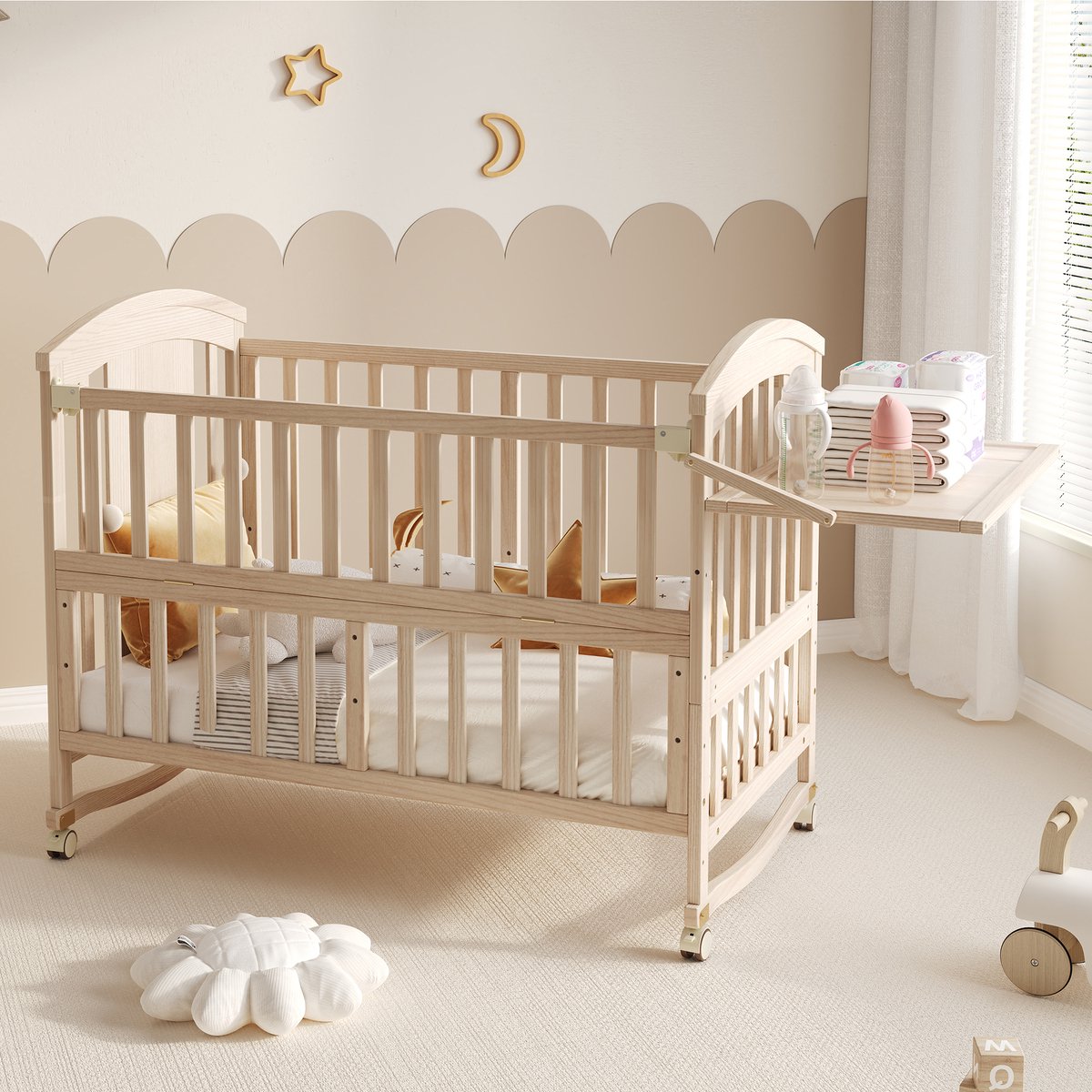 STILVORA Babybed 120x60 cm – Met Aankleedplank En Zijbedfunctie – Verlengbaar Tot 162 cm – Massief Grenen – Naturel – Zonder matras