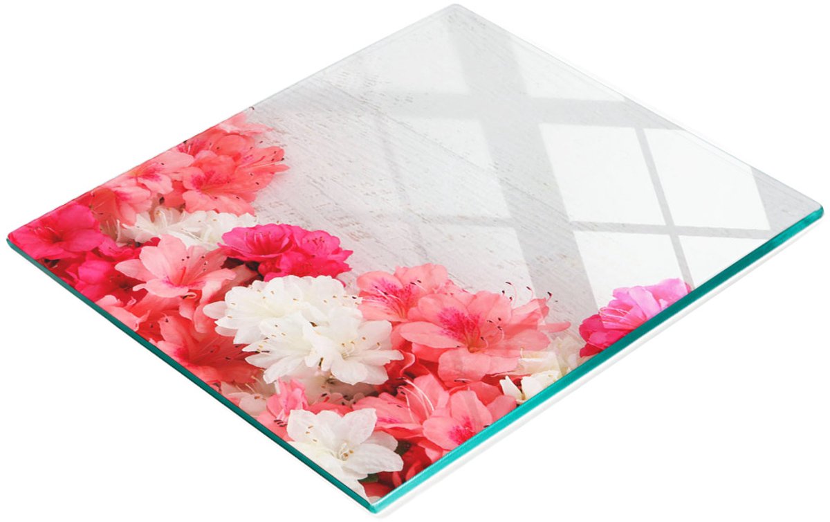 Multifunctioneel decoratief keukenbord van gehard glas met bloemenmotief, 60x52 cm