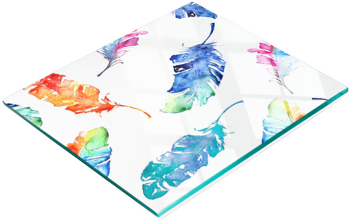 Decoratieve serveerplank van glas met kleurrijke veren, 60x52 cm