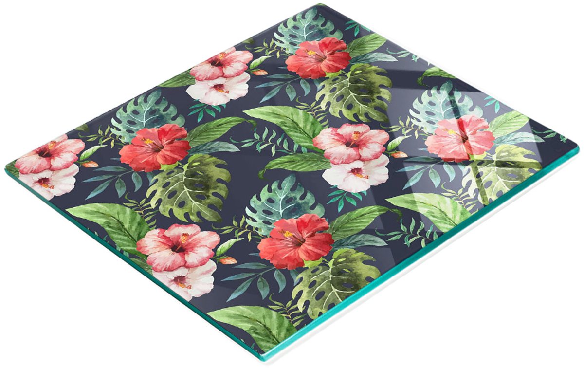 Decoratieve glazen snijplank met tropische bloemen, 60x52 cm