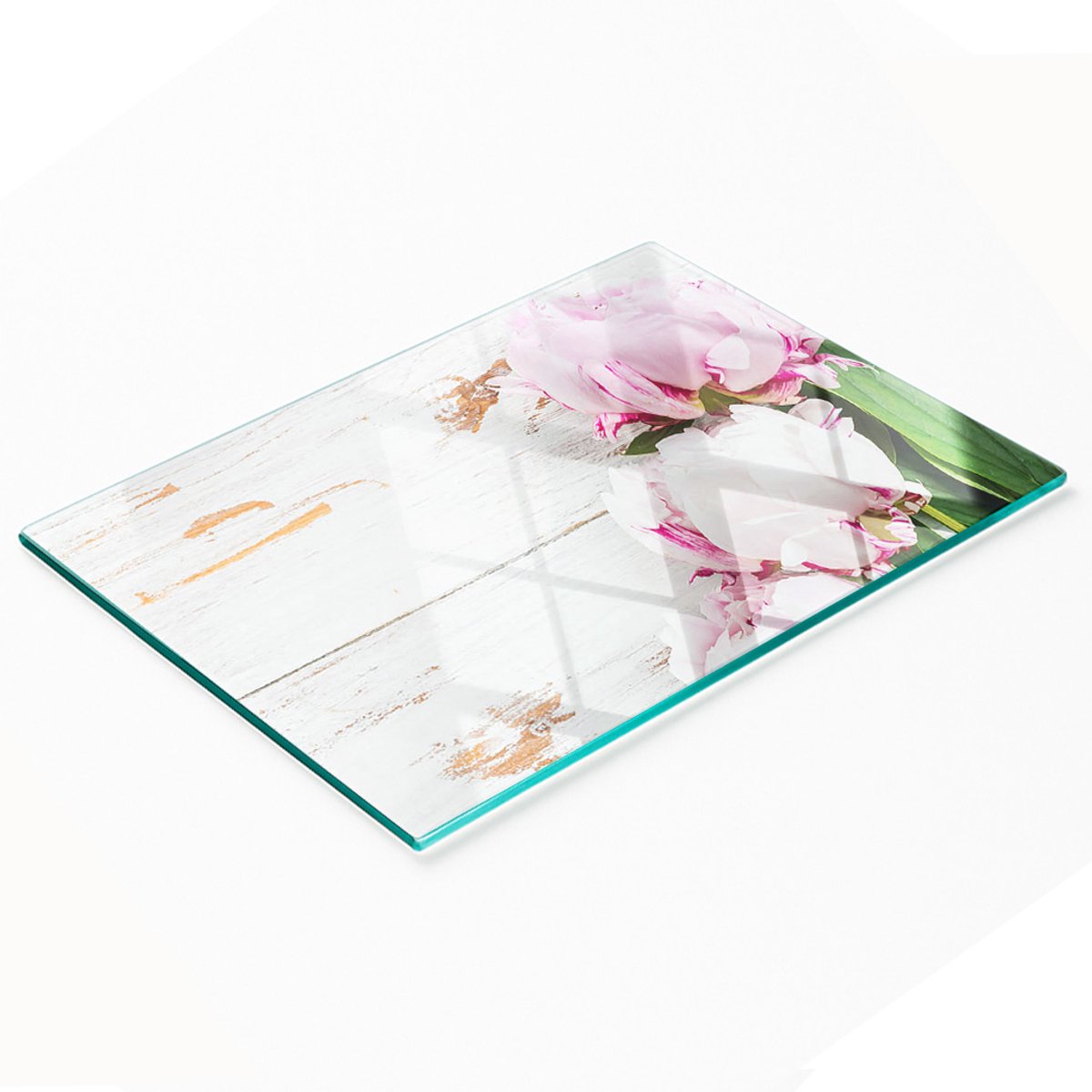 Decoratieve glazen snij- en serveerplank met pioenrozenmotief, 80x52 cm