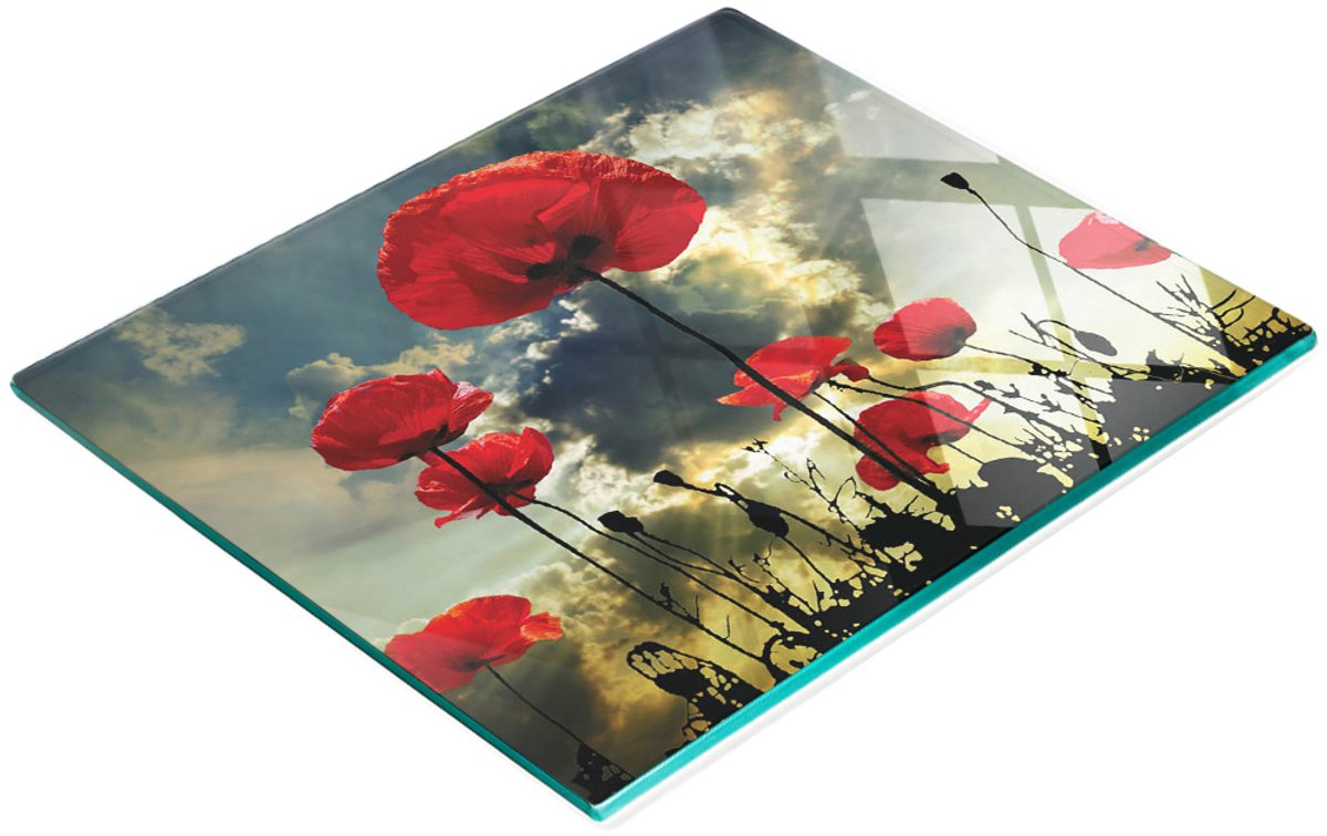Multifunctionele decoratieve glazen keukenplank met klaprozenmotief, 60x52 cm