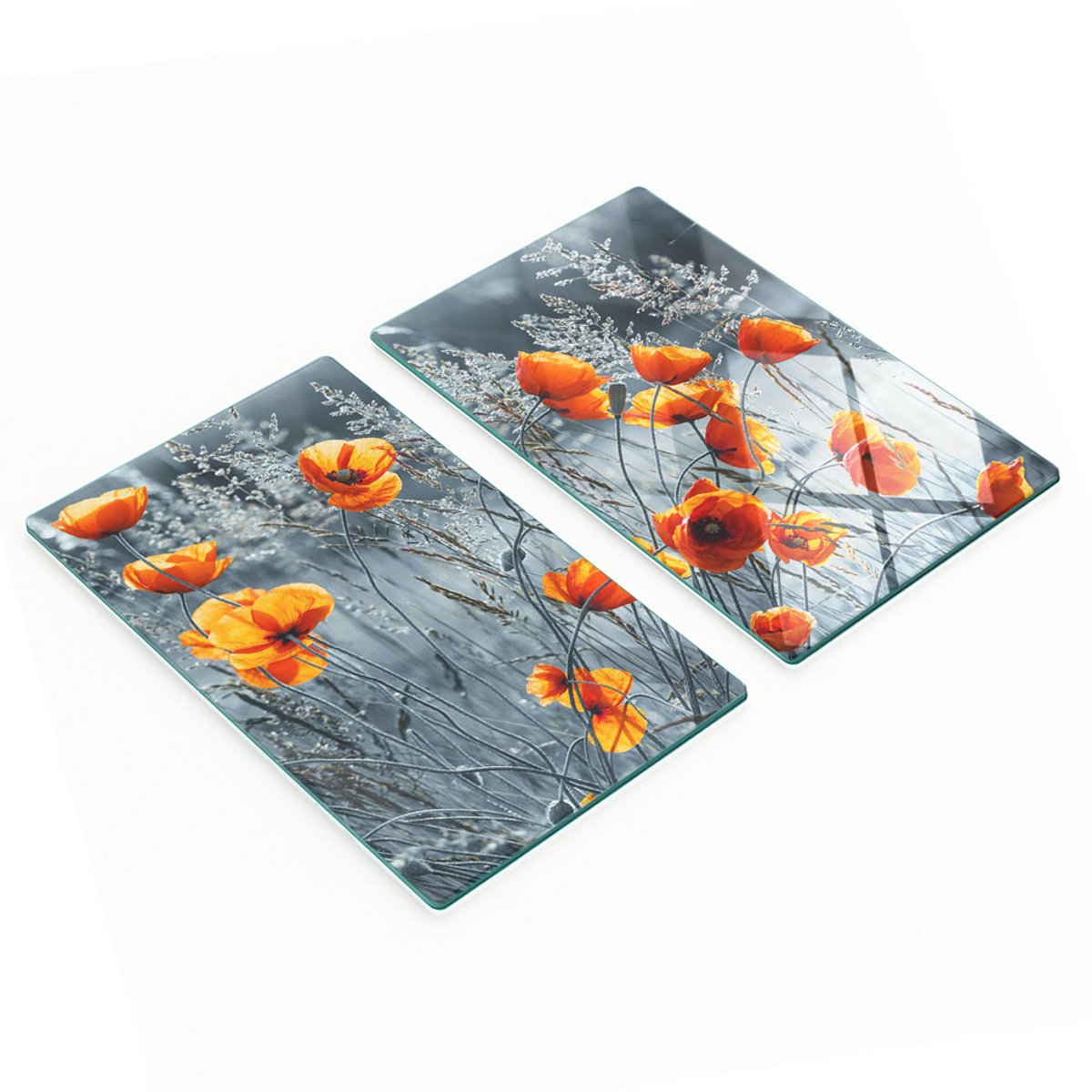 Twee decoratieve snijplanken van gehard glas met klaprozenmotief, 2x30x52 cm