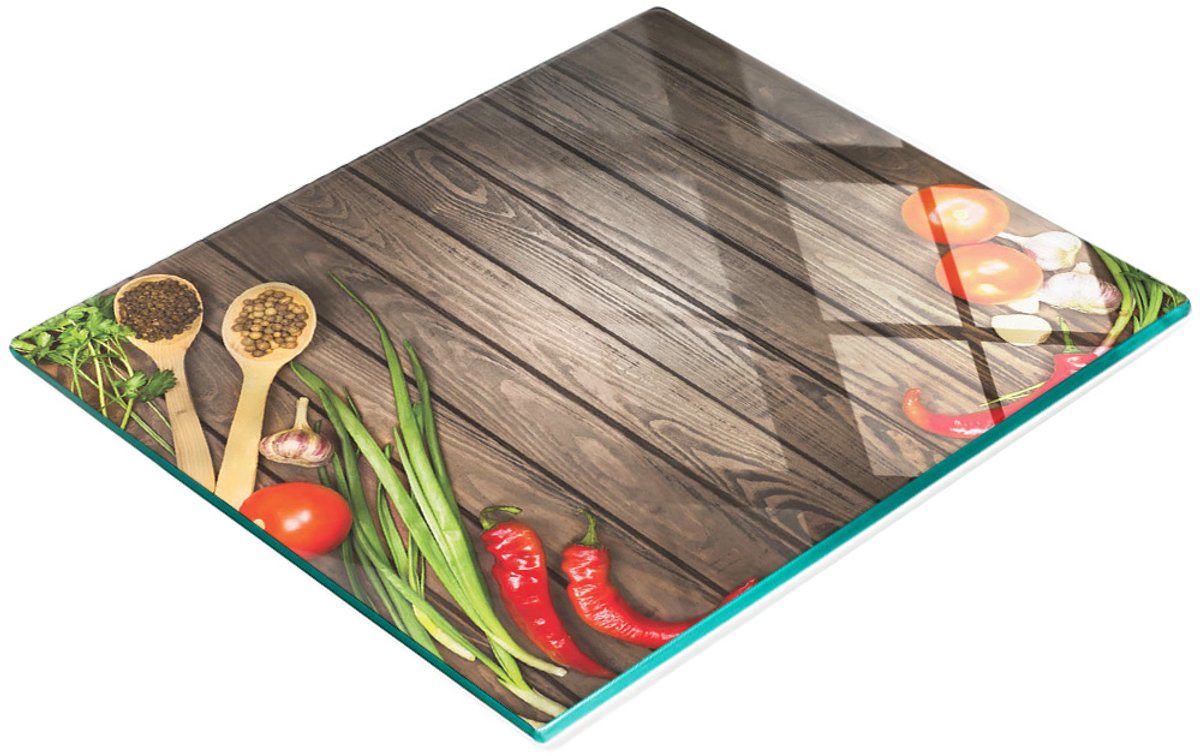 Glazen serveerplank met rode groenteafbeeldingen 60x52 cm