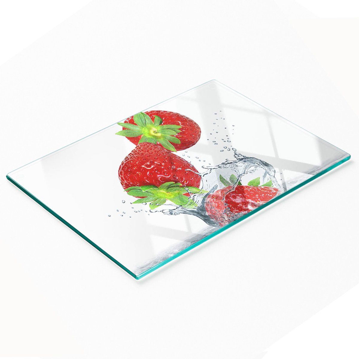 Keukenplank van gehard glas met afbeelding van vallende aardbeien, 80x52 cm