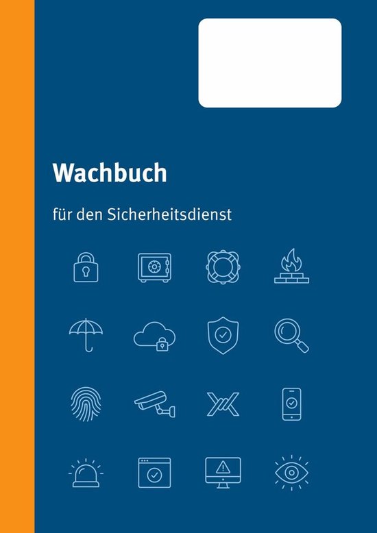 Blauw logboek voor beveiligingsdiensten met een oranje zijrand en witte iconen gerelateerd aan beveiliging.