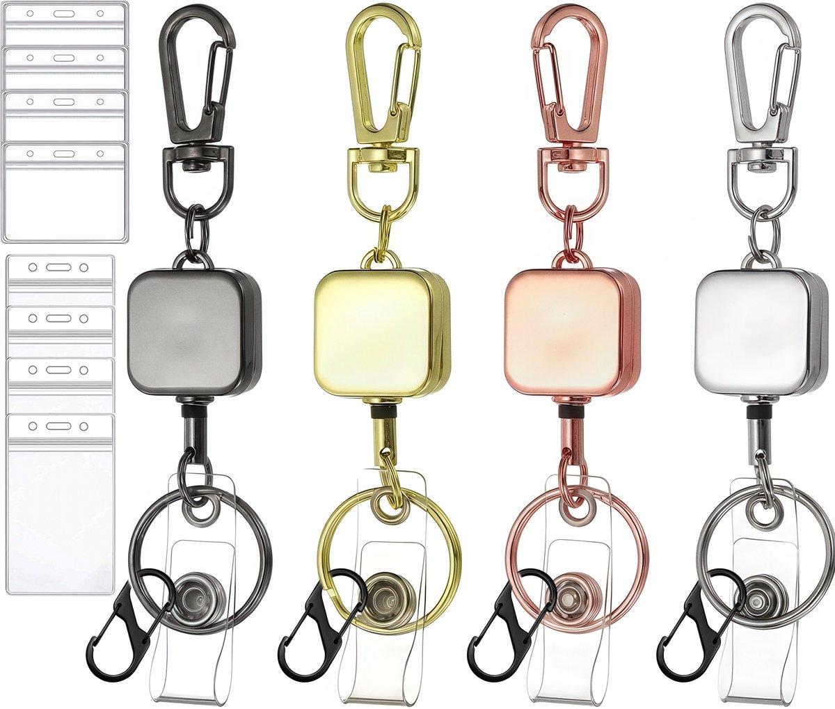 4 Stuks Uittrekbare Sleutelhangers met Transparant Badgehouders - Karabijnsluiting Clip Trekkoord - Intrekbare Koord Pashouder - Broekclip Karabijnhaak Sleutelkoord - Afrolmechanisme voor Badges/Sleutels - ID Jojo Pasjeshouder Keycord\Keykoord - 40cm