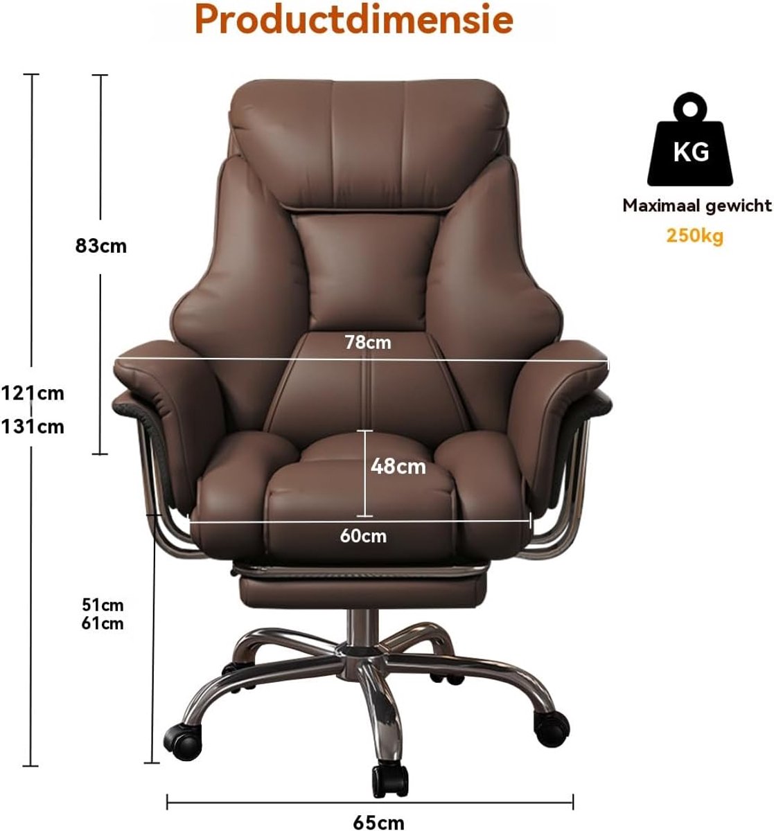 Directiestoel / Kantoorstoel – Casa Velluto Executive Maximus Bruin – Extra Brede Ergonomische Managerstoel tot 272 kg met Uitklapbare Voetensteun, Hoogteverstelbaar, Luxe Lederen Zitting, 360° Draaibaar