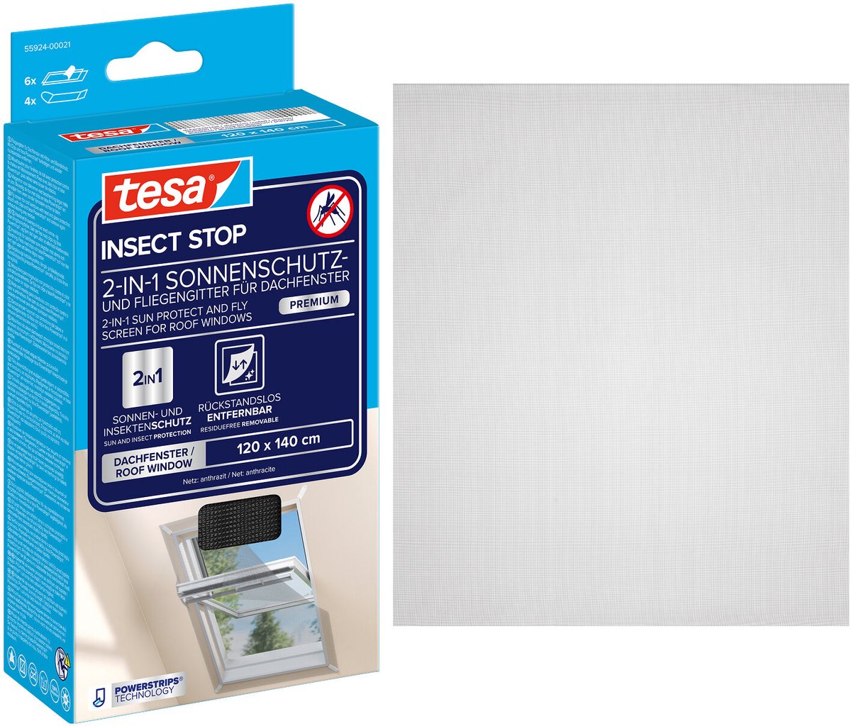 Tesa INSECT STOP 2-in-1 Sun Protect and Fly Screen for Roof Windows Premium - hor met zonbescherming voor dakramen, zonder boren, antraciet - 120 x 140 cm zwart