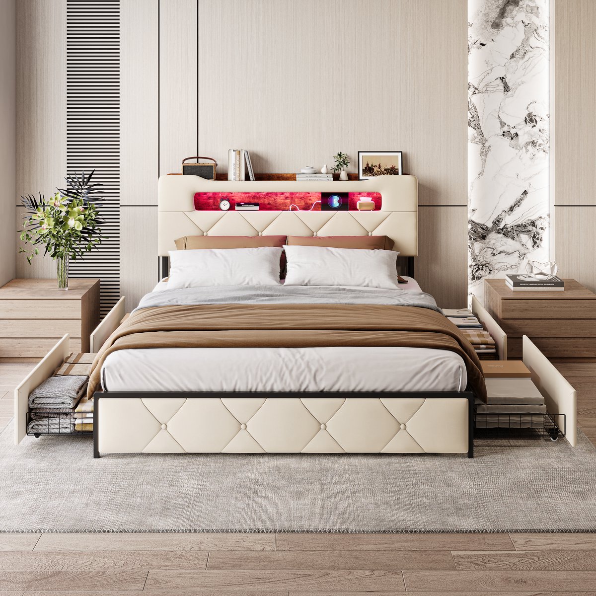 Bedframe 140x200 – met Lades & Opbergruimte – LED & USB-C – Fluweel Beige