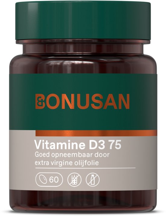 Bonusan Vitamine D3 75, 60 softgels, in extra vierge olijfolie.