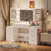 Kaptafel - Make Up Tafel - Met Spiegel en 10 LED Lampen - Met Stopcontacten - USB poort - Type C - 3 Lichtkleuren - 8 Lades en 2 Kasten - 4 Open Opbergplanken - 150L x 135H x 40W cm - Eenvoudige Montage - Voor Slaapkamer Kleedkamer - Wit