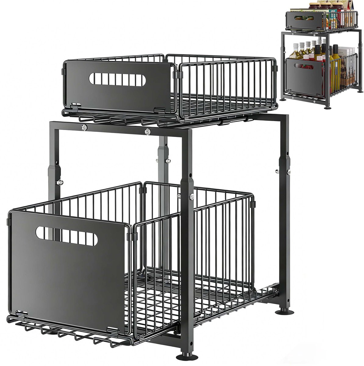 Fokelyi Gootsteenkast Organizer- Keukenkast Organizer - Aanrecht Organizer - Dubbellaags Opbergrek – Schuiflades - Kast Organizer - Keukenrek – Metaal – Antislip - Gootsteenkastrek Uitschuifbaar - Organizer Lade Organizer Zwart